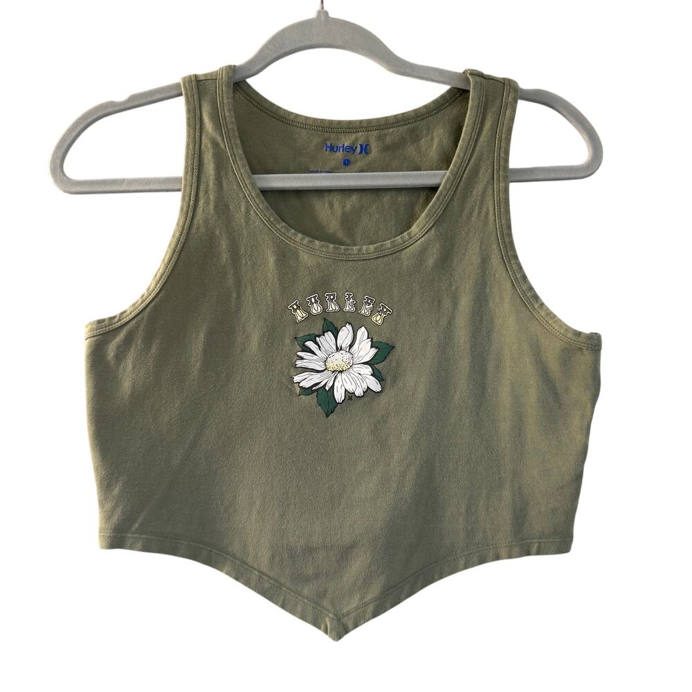 Hurley green daisy crop top size large v hem